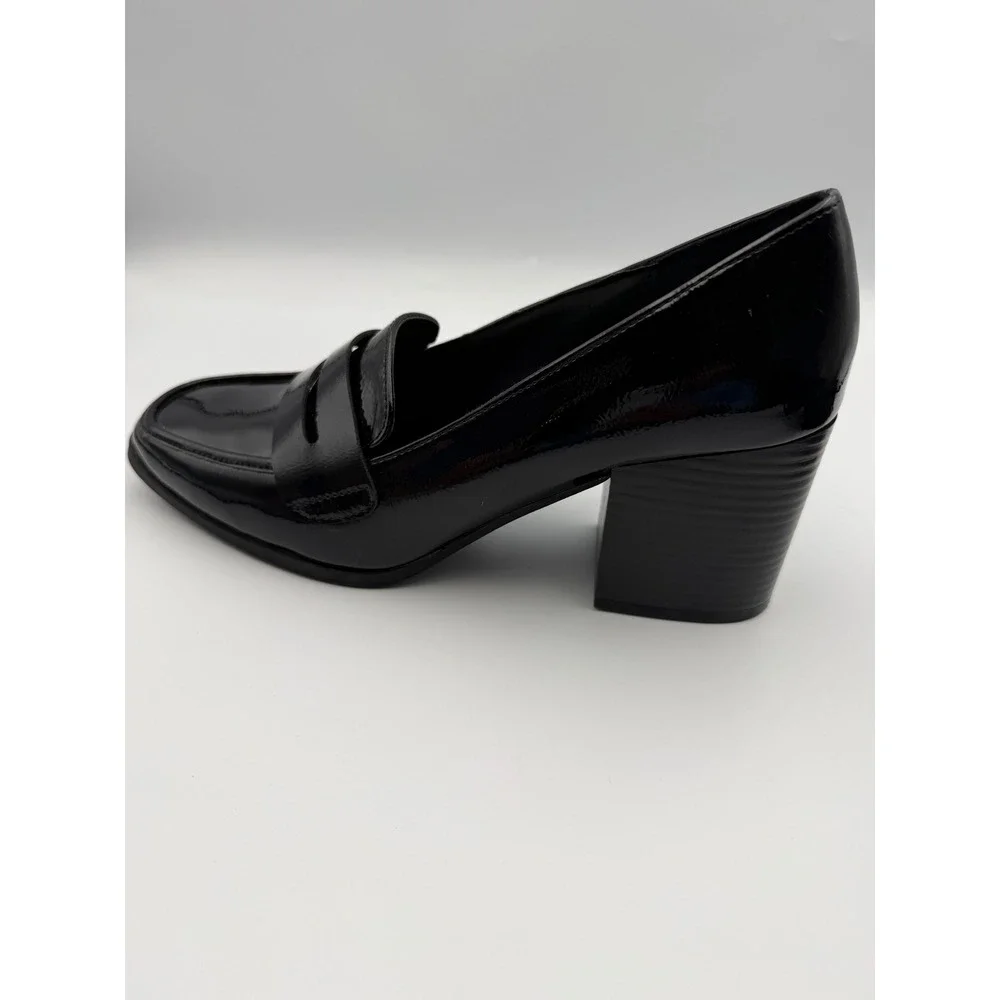 Kenneth Cole Reaction Womens Black Patent Block Heel Penny Loafers Square Toe - Picture 8 of 12